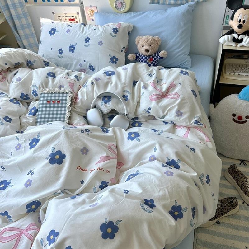 Washed Cotton Four-piece Set, Small Fresh Quilt Cover, Dormitory Bed Sheet Three-piece Set, Bedding