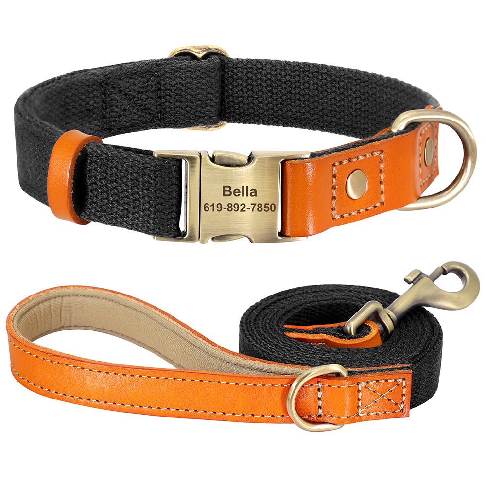 Customized Personalized Nylon Leather Dog Collar with Pet ID Tag 5ft Walking Leash Rope Set for Pug And Other Breeds
