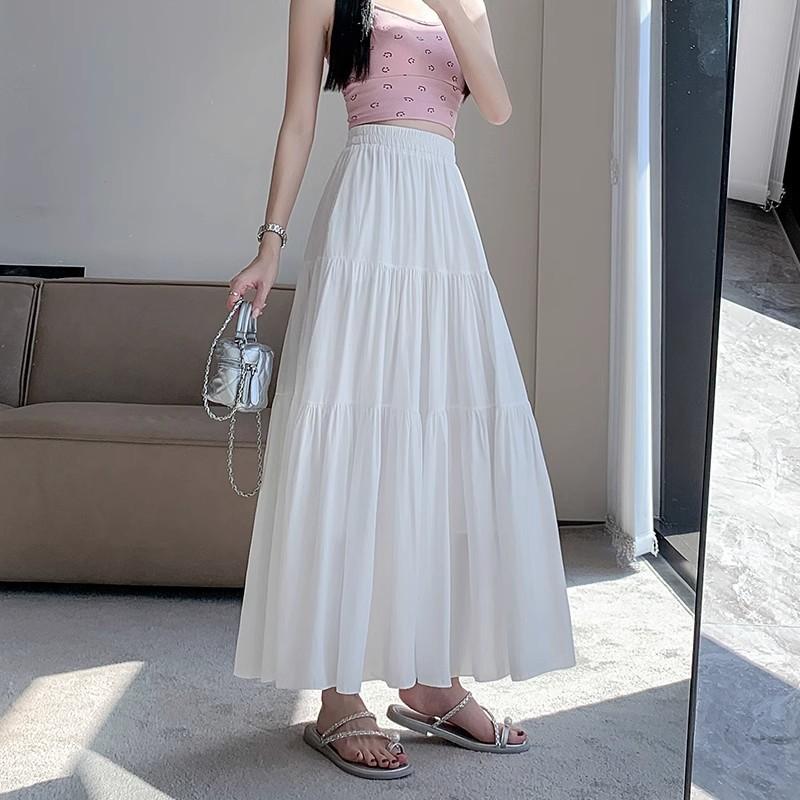 Women's Summer Elegant High Waisted Slimming White Tiered Skirt A Line Flared Long Skirt for Pear Shaped Figures
