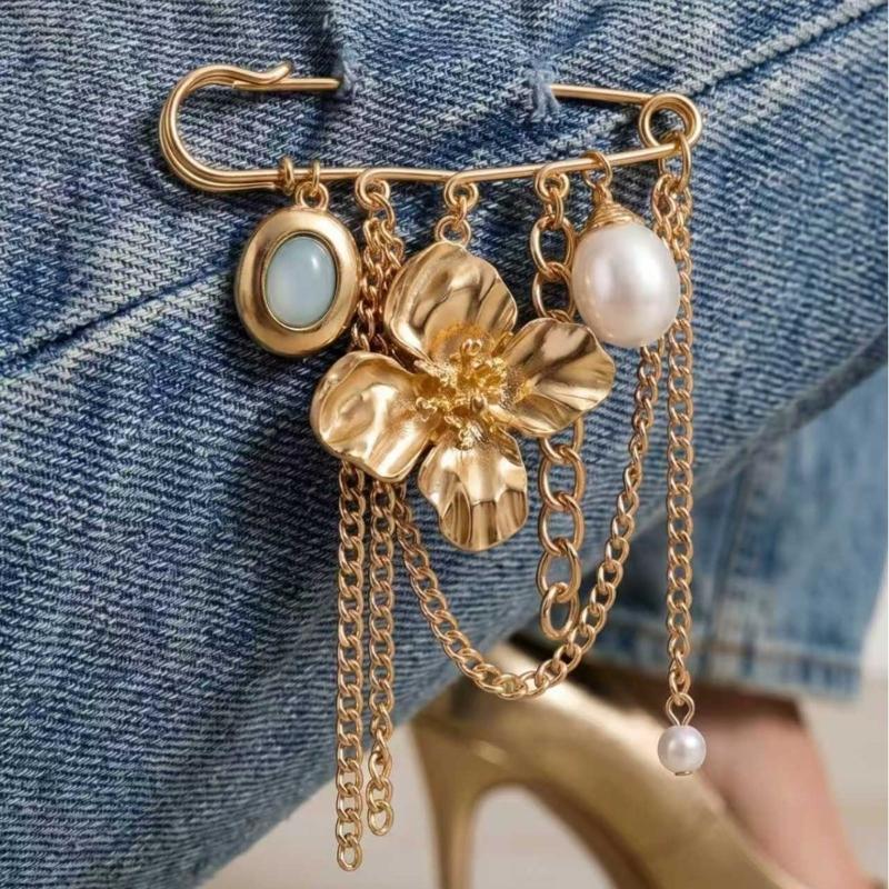 Gold Tone Flower Pin with Bead Drop Details and Chain Drape, Decorative Safety Pin Outfit Detail for Dresses, Knitwear, Scarves and Jackets