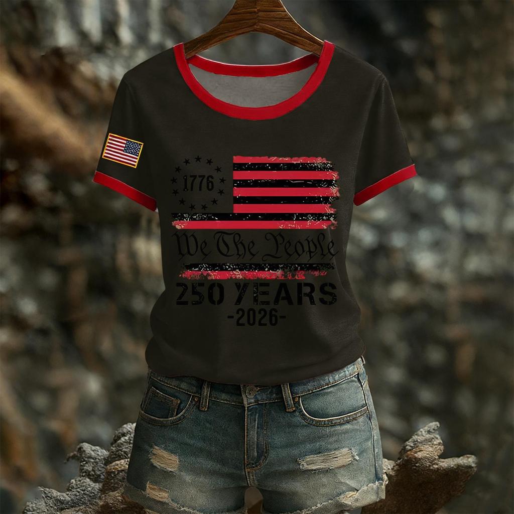 Damski casualowy top T-shirt z krótkim rękawem i okrągłym dekoltem z nadrukiem