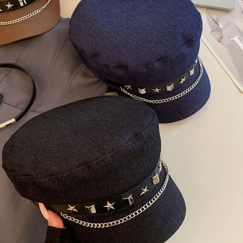 Cloth Denim Octagonal Hat Korean Style Retro Painter Hat Fashion Rivet Denim Beret  Travel