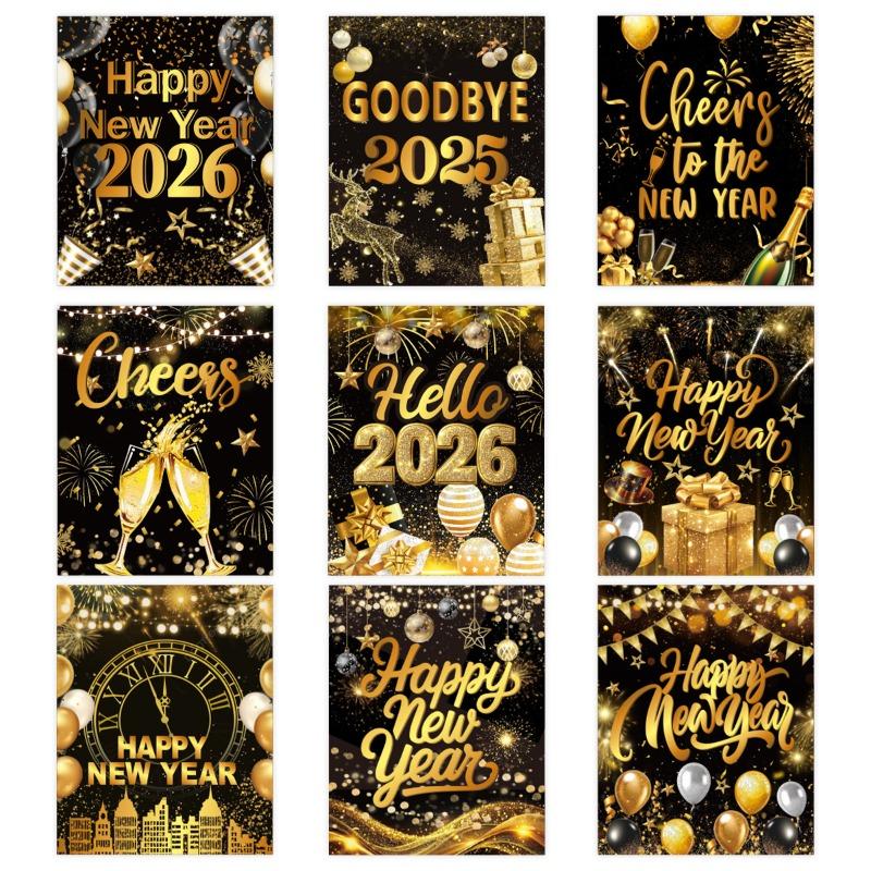 9Sheets Happy New Year Wine Bottle Label Sticker Black and Gold New Year Beer Bottle Stickers New Year Eve Party Decor