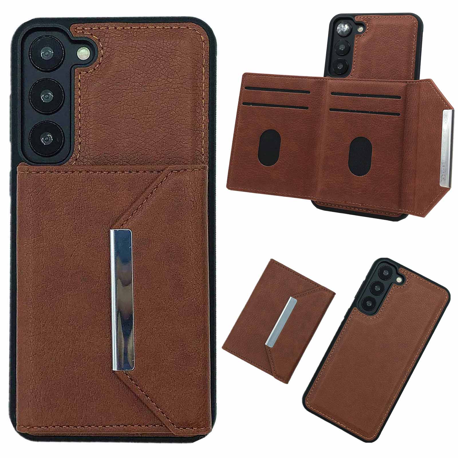 

For Samsung Galaxy S22 5G Case with Detachable Card Bag Leather+TPU Phone Cover Kickstand Brown