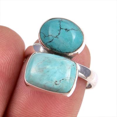 Natural Tibetan Turquoise Gemstone 925 Sterling Silver Jewelry Ring S.7.5 T5S13