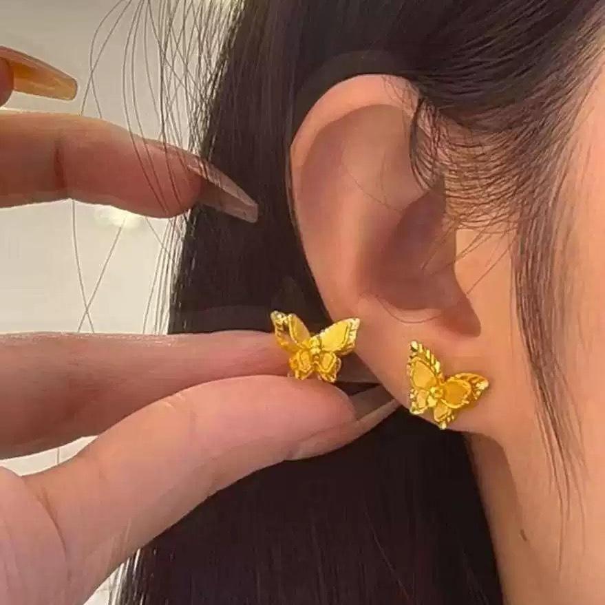 New Chinese-style Mirror Flower Butterfly Dream Flash Double-layer Butterfly Stud Earrings Women's Gold Exquisite Small Earrings Temperament Earrings