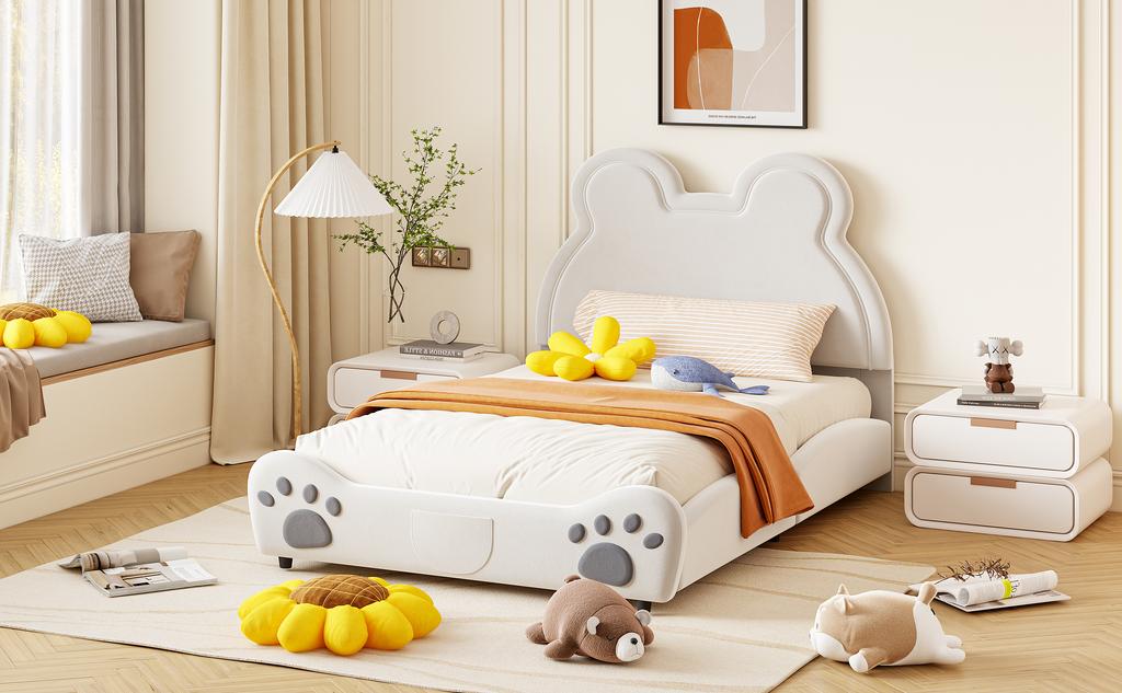 Upholstered Bed Beautiful Children's Bed, 140 x 200 cm, Bear Shape. Single Bed made of Skin-Friendly Velour, White