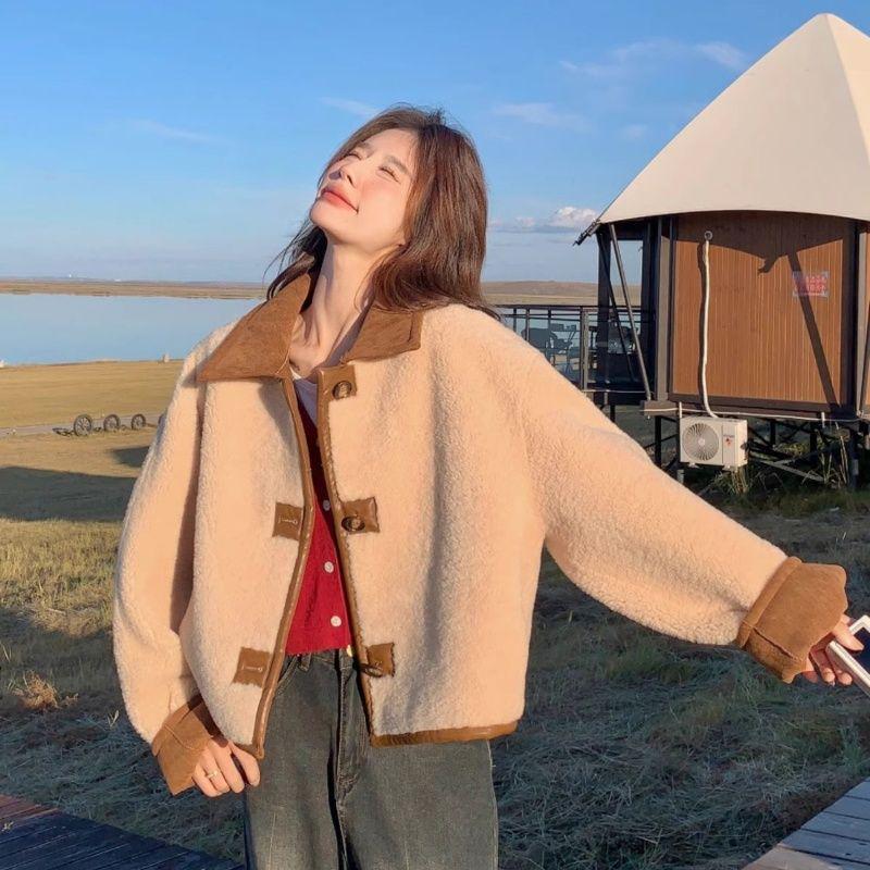 Palton de damă reversibil din piele de oaie - Mărime mică, la modă, piele de căprioară groasă.