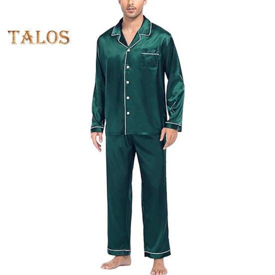 

2 шт./компл. Шелковый атласный мужской пижамный комплект с пуговицами, длинными рукавами, верхом из пижамы с воротником-стойкой, пуговицами спереди, нагрудным карманом, длинными штанами, одежда для сна XL