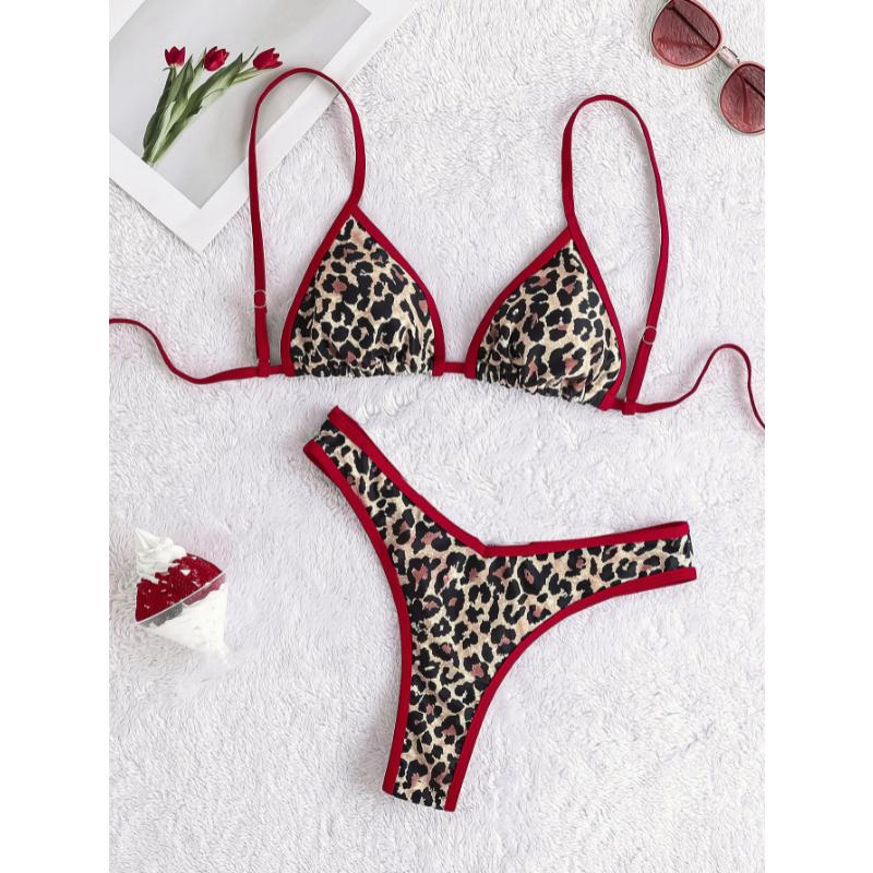 Set Bikini a Triangolo con Stampa Donna Leopardato Pois Stampa Frutta Bordi a Contrasto Laccetti Laterali Sexy Sfacciato Costume da Bagno Estivo da Spiaggia
