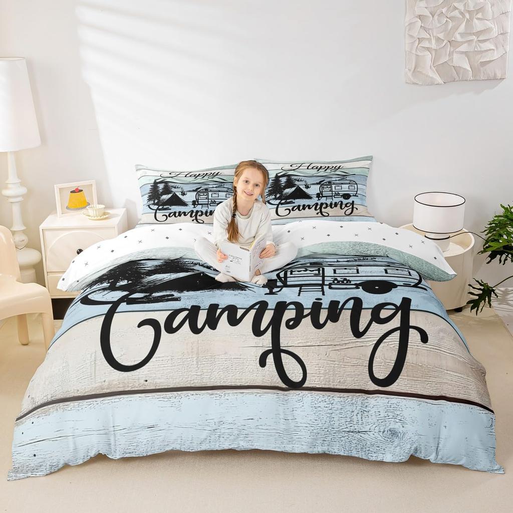 Erosebridal Happy Camping Duvet Cover Set Camper Bedding Sets Twin,Rustic Farmhouse Comforter Cover Camping Accessories Bedding,RV Car Theme