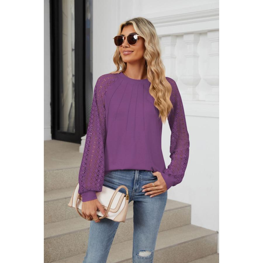 Autumn Winter Lace Patchwork Sleeves T Shirts Fashion Elegant Long Sleeves Top Women’s Round Neck Plus Size Loose T-shirt