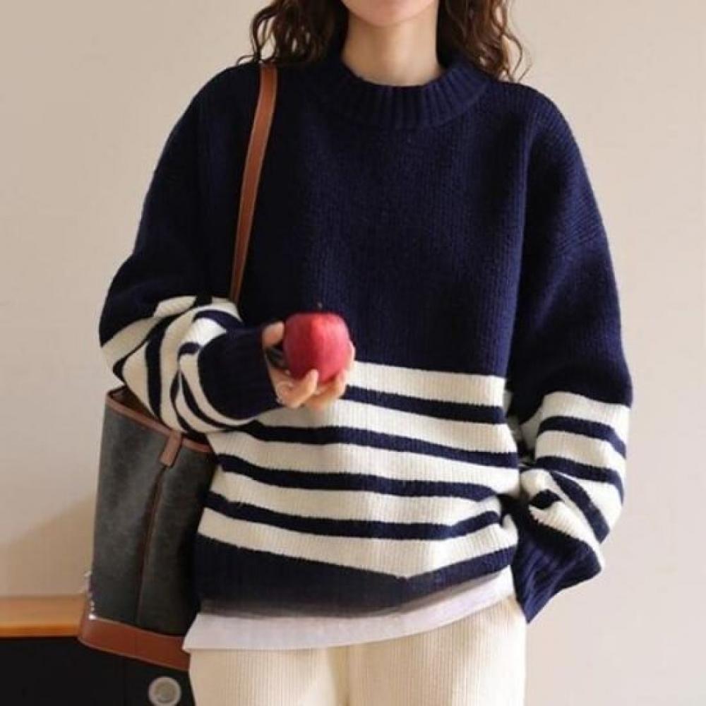 Navava Long Sleeve Knit Sweater Line Point Roundneck Nk2517