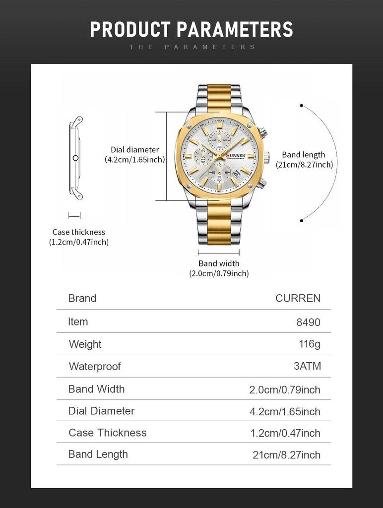 CURREN 8490 Men's Square Multifunctional Waterproof Wristwatch with Calendar Feature