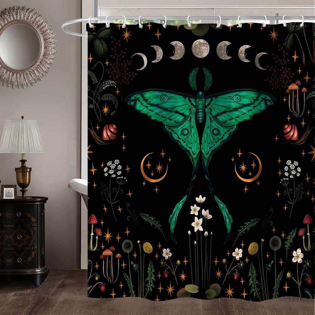 Witchy Gothic Shower Curtain - Moon Phase & Teal Wildflower Design,Mysterious Night Botanical Polyester,60x71 Inch with 12 Hooks
