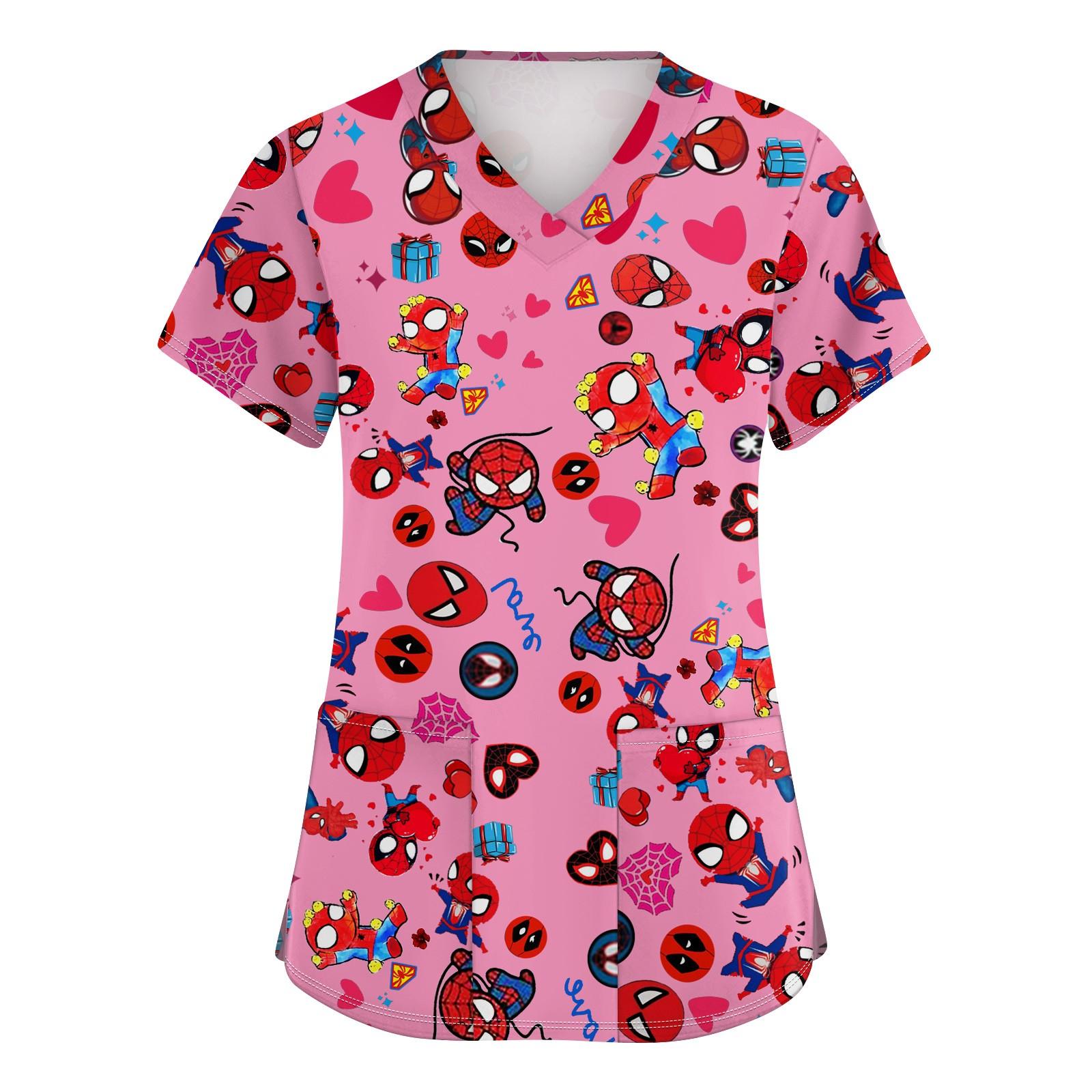 

Женская мода с v-образным вырезом, короткими рукавами и карманами, топы с принтом XXXL розовый