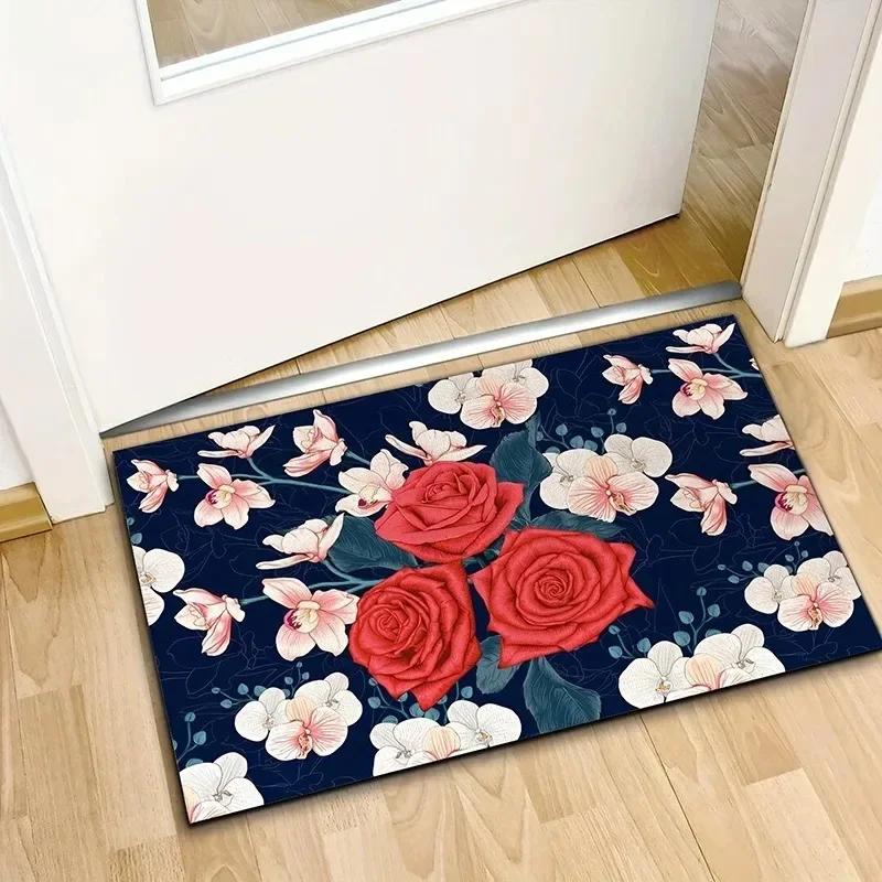 Golden Red Rose Print Home Decor Carpet Washable Floor Mat for Living Room Bedroom Kitchen Non Slip Sofa Coffee Table Area Rug