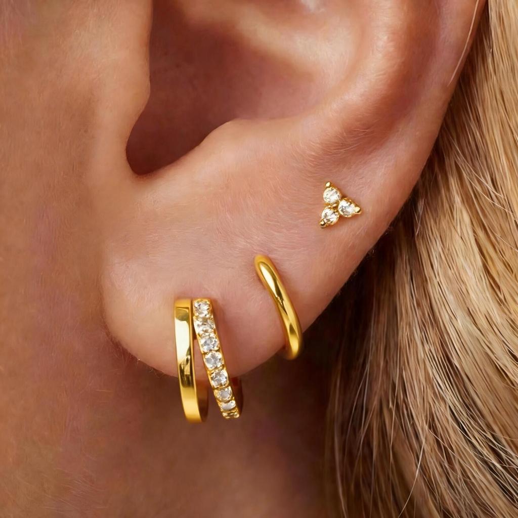 3 Pcs Set Hoop Stud Earrings for Women, Multiple Piercing CZ Crystal Triangle Studs Stackable Huggie Earrings Set Jewelry