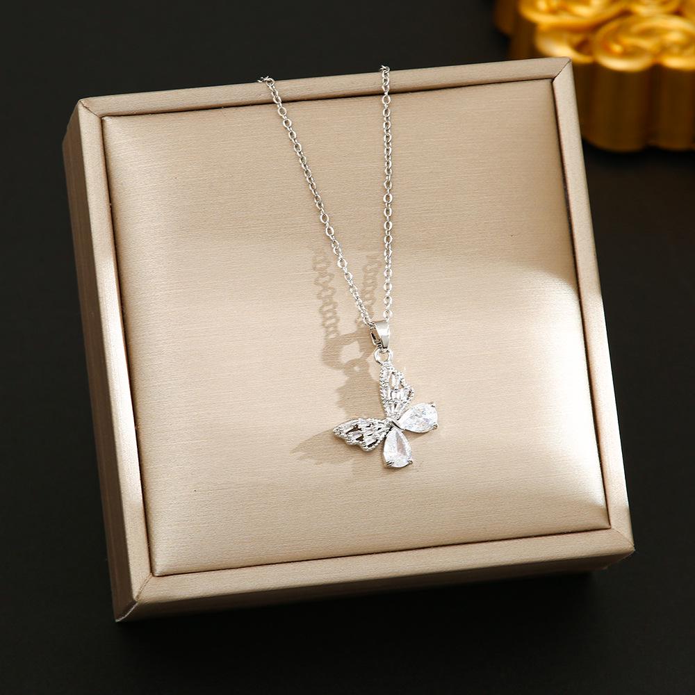 Korean Butterfly Tassel Luxury Diamond Titanium Steel Necklace - Women's Versatile Clavicle Jewelry