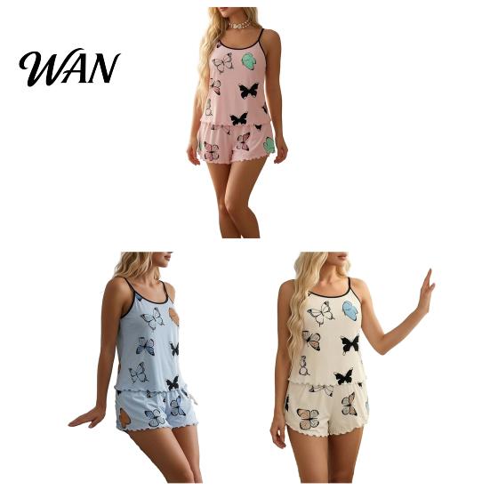 Leichte Damen-Schlafanzüge, 2-teilige ärmellose Trägertop- und Shorts-Sets, Sommer Schmetterlingsdruck Rüschen