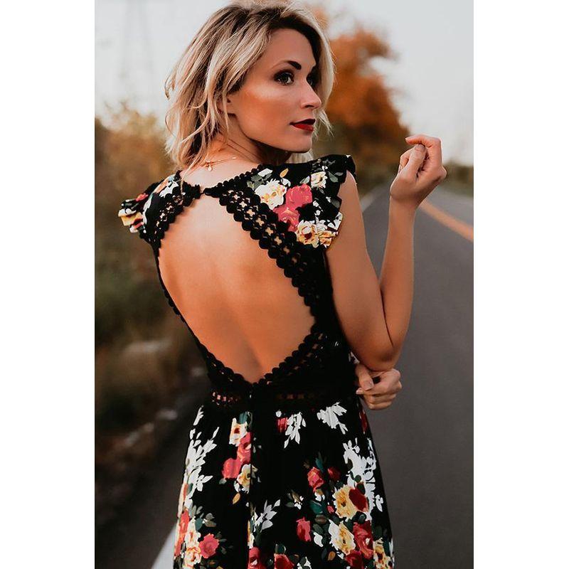 

Printed V-neck Seamless Irregular Dress Women Print V-neck Backless Dress Black XL