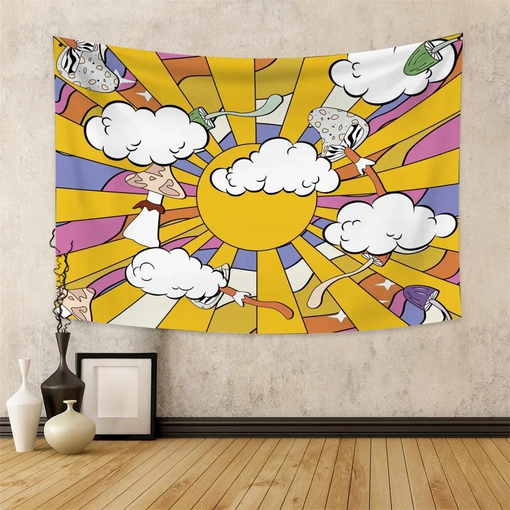 Retro 70s Tapestry Floral Pattern Rainbow Sun Landscape Abstract Art 60s Vintage Boho Home Decor Wall Hanging