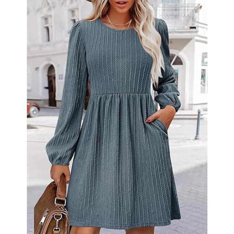 

Женский круглый вырез горловины с карманом вязаный свитер длинный рукав А-силуэт платье XXL морской синий