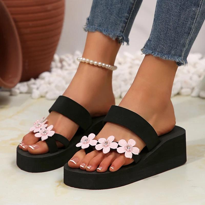Fashion Simple Style Flower High Heel Slippers Women New Plus Size Thick Bottom Sandals Female Summer Beach Non Slip Wedge Slides Mujer