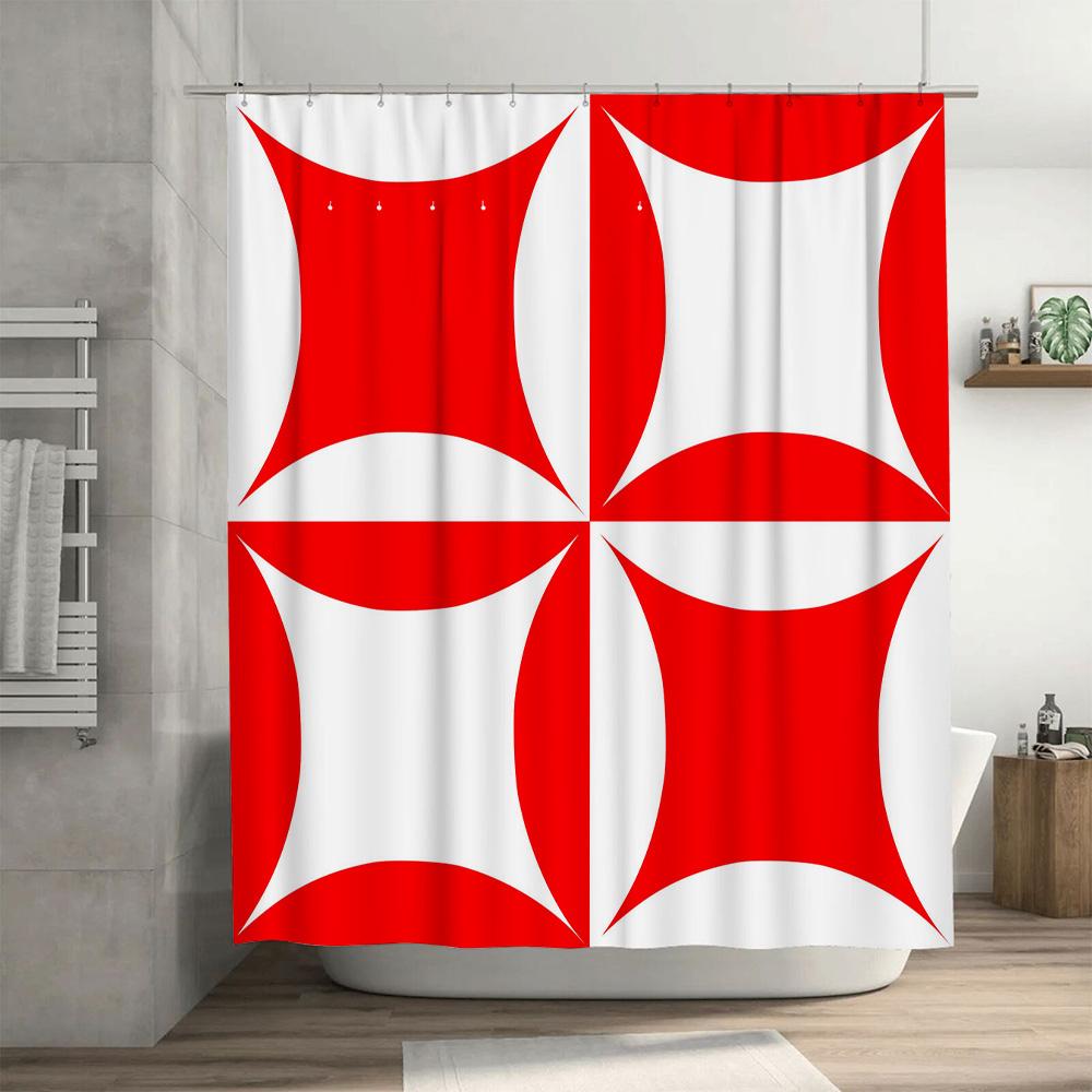 Red White Geometric Printed Shower Curtain Bathroom Decor Waterproof Fabric Easy Installation For Bathtub Or Walk-In Shower