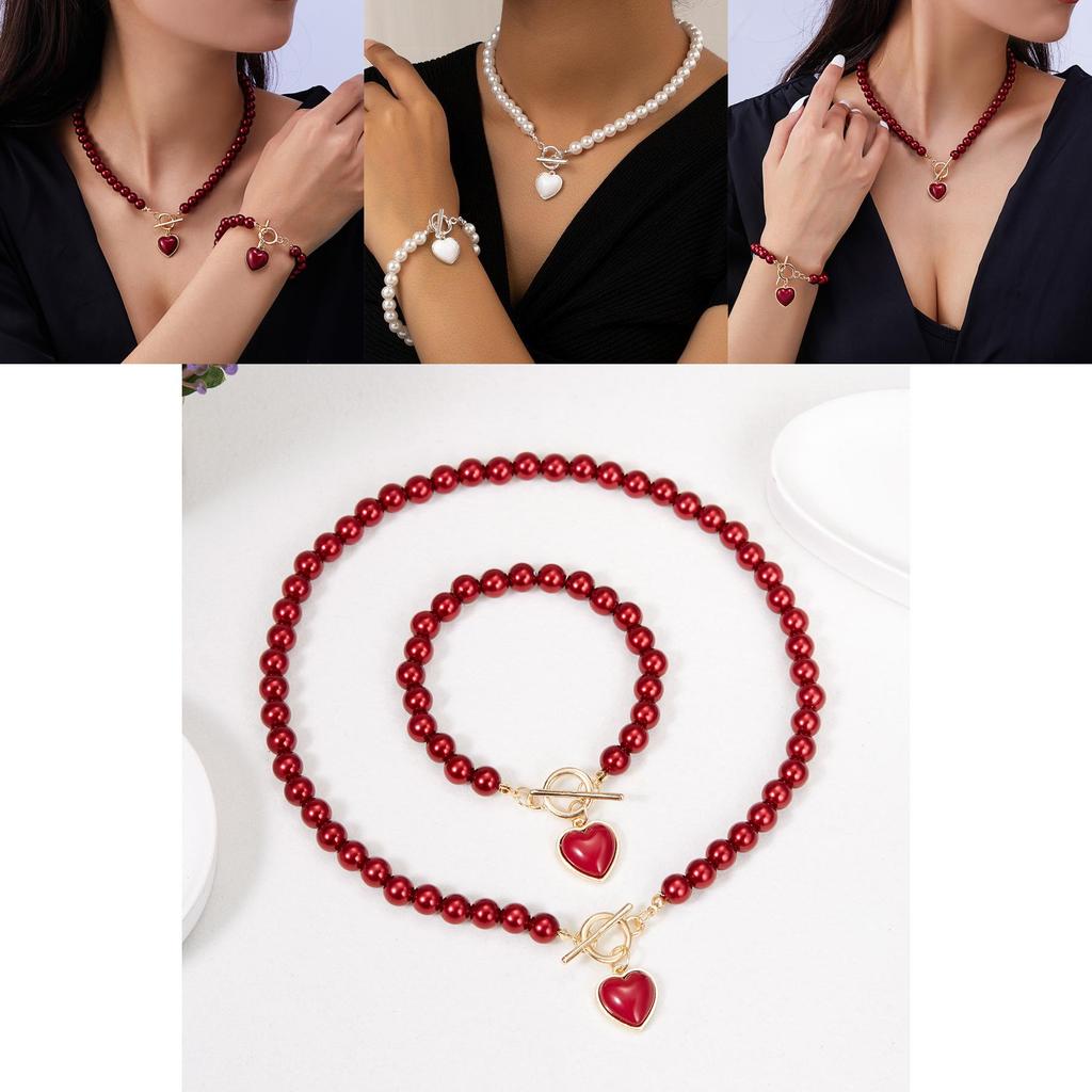 Heart Shaped Pearl Necklace And Bracelet Set For Women With Handcrafted Design For Fashionable Office Wear