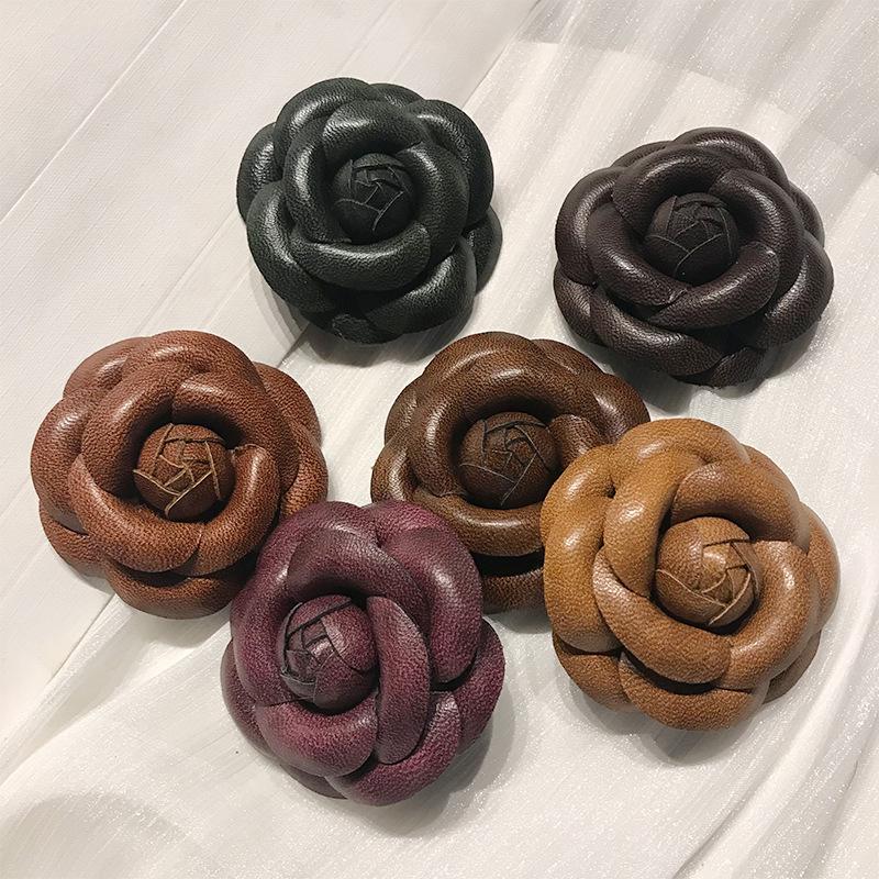 Luxury Camellia Leather Flower Brooch - Elegant Handmade 3D Corsage Pin for Women