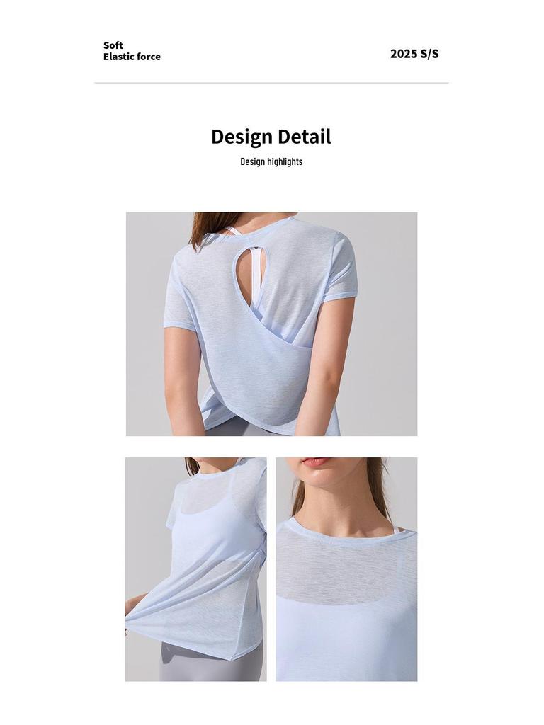 Women's Breathable Short Sleeve Yoga T-Shirt with Hollow Beautiful Back - Lightweight Dance Fitness Cover-Up Running Top
