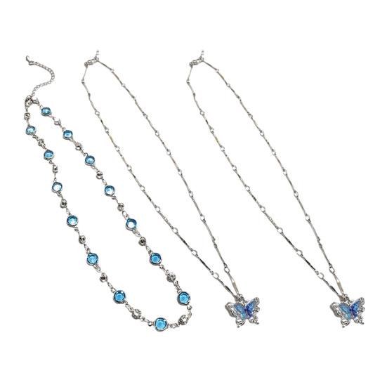 Blue Butterfly Necklace Women Rhinestone Choker Butterfly Pendant Necklace for Daily Wear Summer Party Date Beach