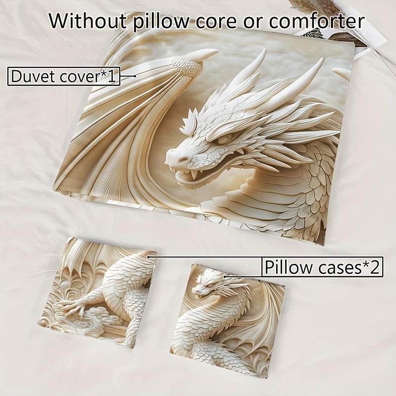3-teiliges Drachen-Totem-Bettbezug-Set, HD-Digitaldruck, atmungsaktive Polyester-Bettwäsche mit Kissenbezügen, Ganzjahreskomfort für Zuhause