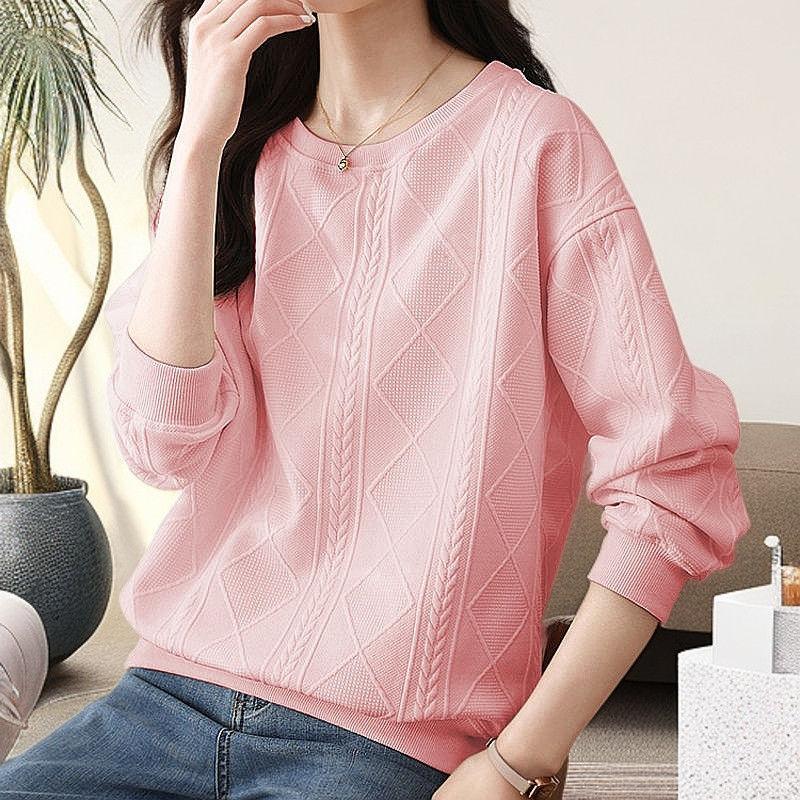 Autumn Winter Round Neck Loose Casual Jacquard Sweatshirt Women Solid Color Simple All-match Pullover Top