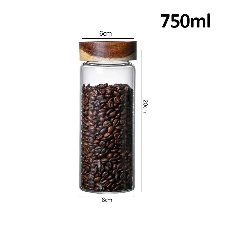 Kitchen Storage Bottles Jar Wood Lid Glass Airtight Canister Sealed Food Container Tea Coffee Beans Grains Candy Jars Organizer