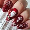 24PCS Christmas Red Glittering Short Oval False Nail With Snowflake Santa Design 3D Press On Nail For Holiday Party