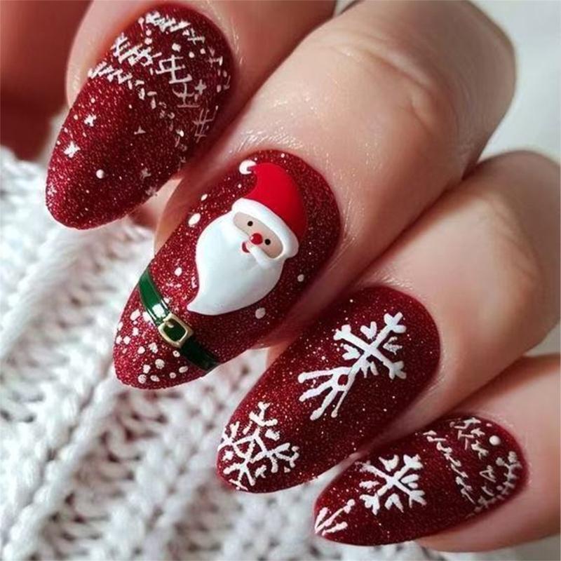 

24PCS Christmas Red Glittering Short Oval False Nail With Snowflake Santa Design 3D Press On Nail For Holiday Party 1