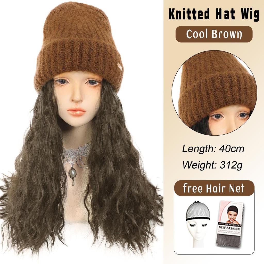 Synthetische Hutperücke für Frauen, langes gewelltes Haar, warm, weich, gestrickt, Herbst- und Wintermütze, hitzebeständig