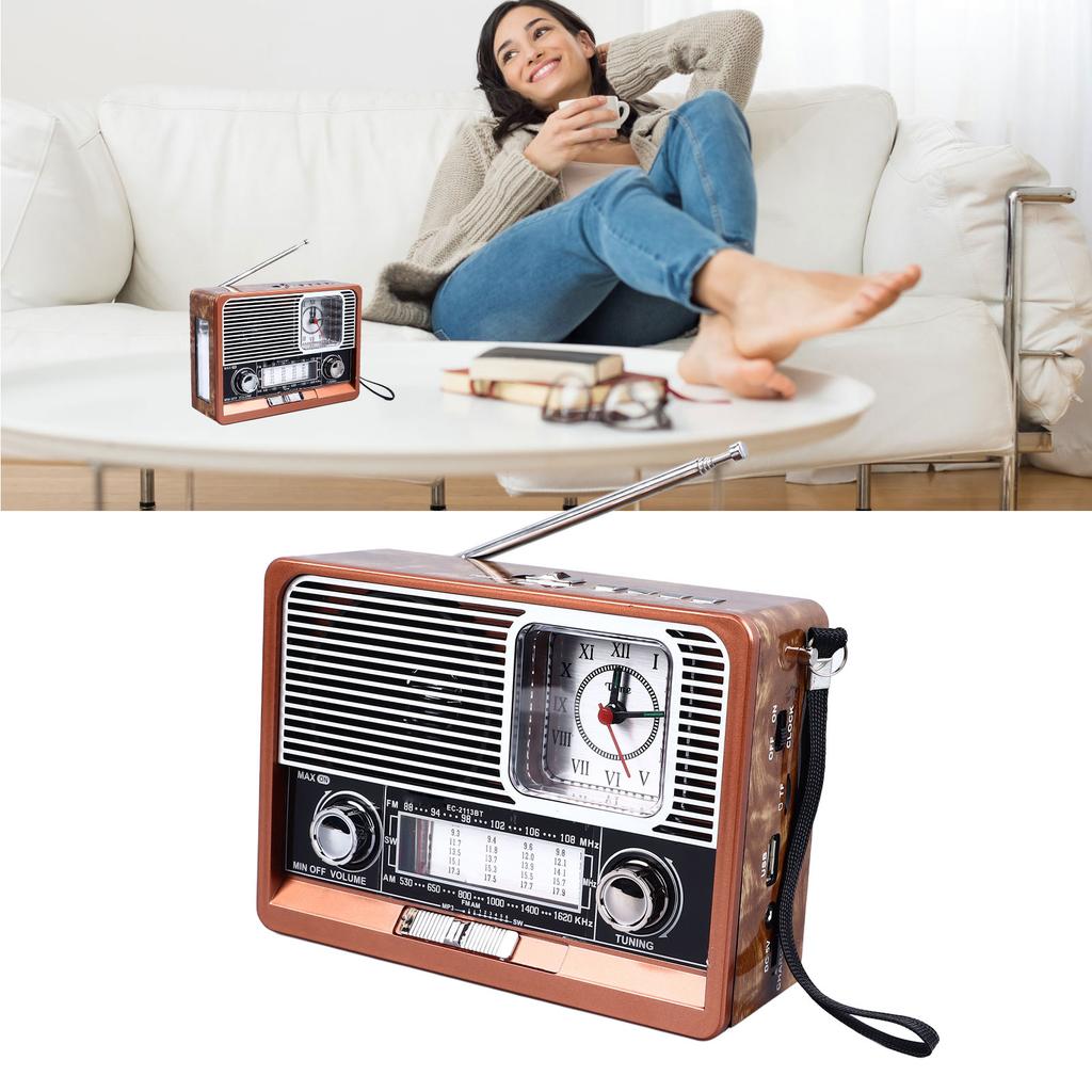 Retro Radio AM FM SW Vintage Radio Uhr Klarer Klang Holzmaserung Multifunktionaler MP3-Player mit Bluetooth für Draußen für Zuhause