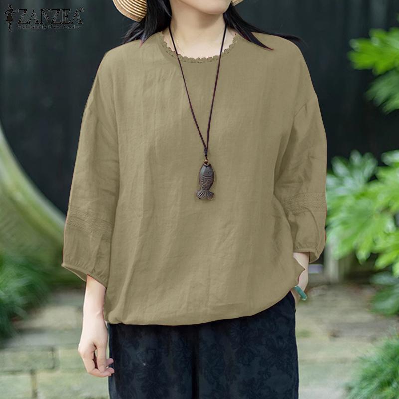 ZANZEA Women Casual Round Neck Loose Retro 3/4 Sleeve Blouse