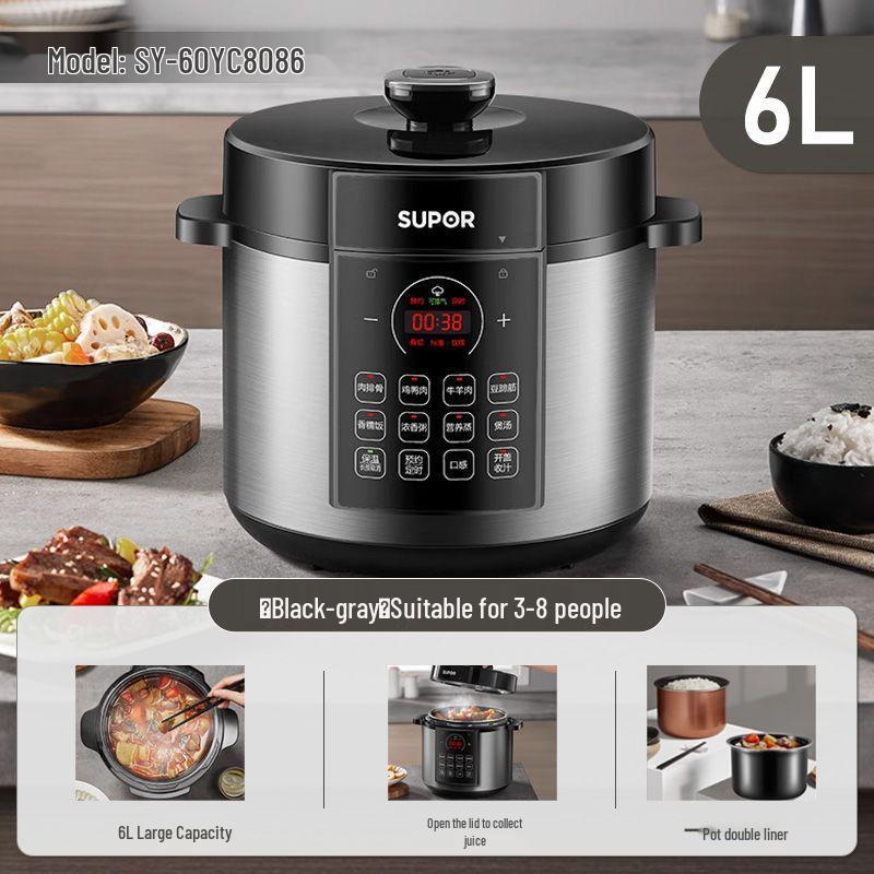 Supor 6L Multifunctional Electric Pressure Cooker with 304 Steel Pot and Intelligent Preset.