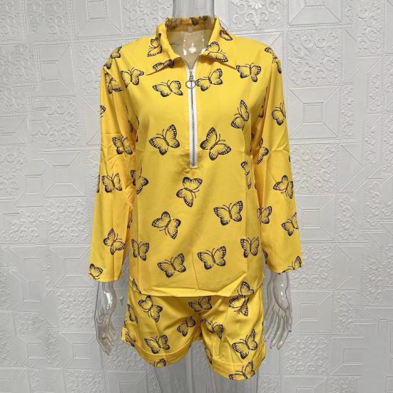 2 Pcs/Set Shirt Shorts Suit Zipper Lapel Loose Printed Long Sleeve Casual Soft Pockets High Waist Lady Top Shorts Set