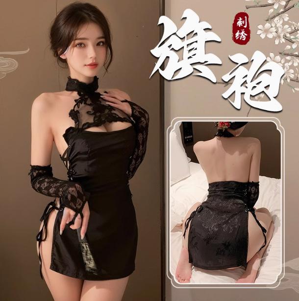 Sex underwear sexy neck straps cheongsam mesh passion transparent nightdress seduction uniform suit