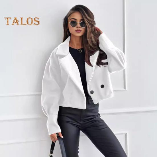 Women Fall Winter Coat Short Type Turn-down Collar Solid Color Loose Button Closure Cardigan OL Commuting Jacket Lady Daily Outwear
