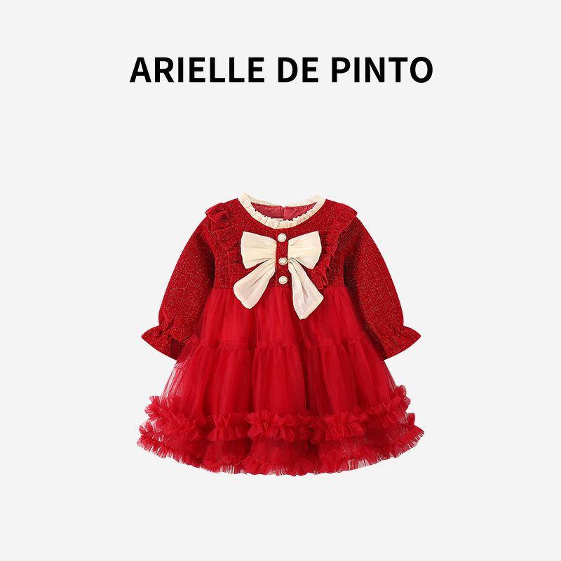 French Arielle De Pinto Girls  Bow-Knot Mesh Dress Autumn Fashion Cute Girl Dress Burgundy 110cm