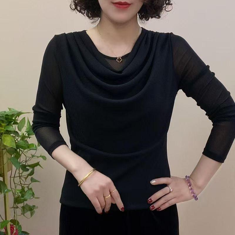 Jaro Podzim Síťovina Úzké Základní Tričko Dlouhý Rukáv Skládané Jednobarevné Tenké Vrchní Díly Trička Vintage Kancelářské Dámské Oblečení