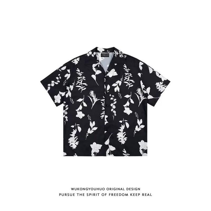 

Лето Ootd Мужская мода Гавайская рубашка Корейский уличный стиль Пляжные рубашки с цветочным рисунком Травяной дизайн Топы на пуговицах с короткими рукавами Повседневная курортная одежда