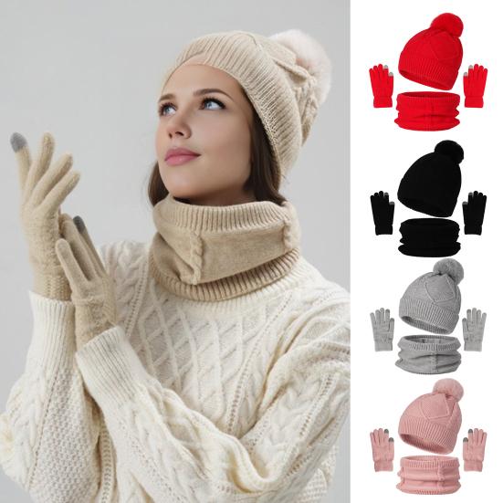 3Pcs/Set Women Hat Scarf Gloves Set Solid Color Design Twist Texture Thickened