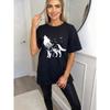 Black Oversized T Shirt Wolf Tree And Birds Print Casual Streetwear For Women Summer Outfits